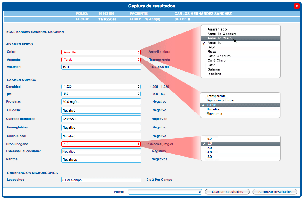 ejemplo de pantalla con catálogo de respuestas del software para laboratorios de Patología Citopat